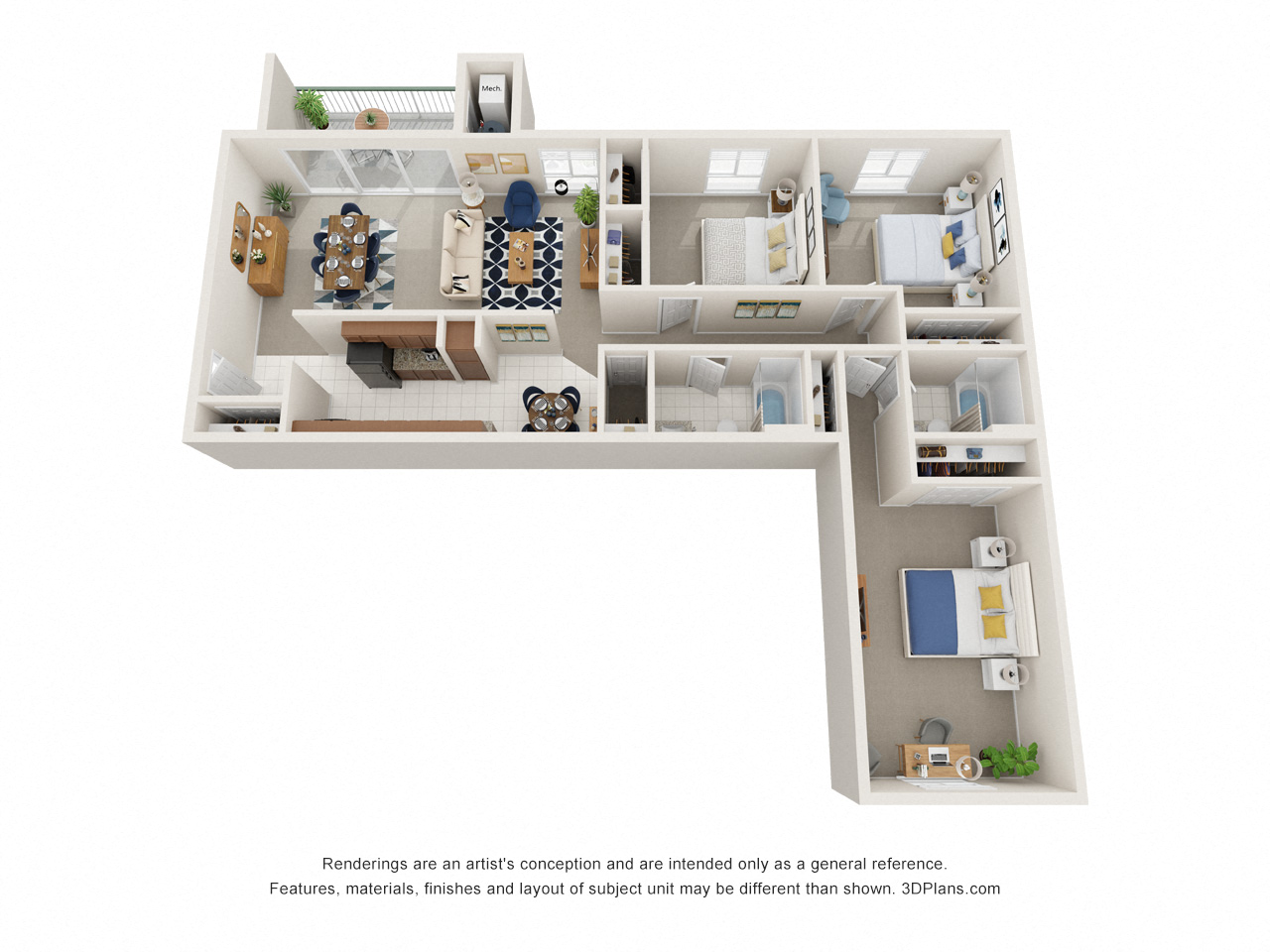 Floor plan for 3 beds, 2 baths, 1265 sqft